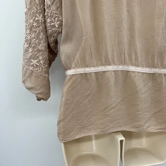 Johnny Was Women's Brown Lace 3/4 Sleeve V-Neck Belted Top Blouse Size XS - Picture 9 of 12